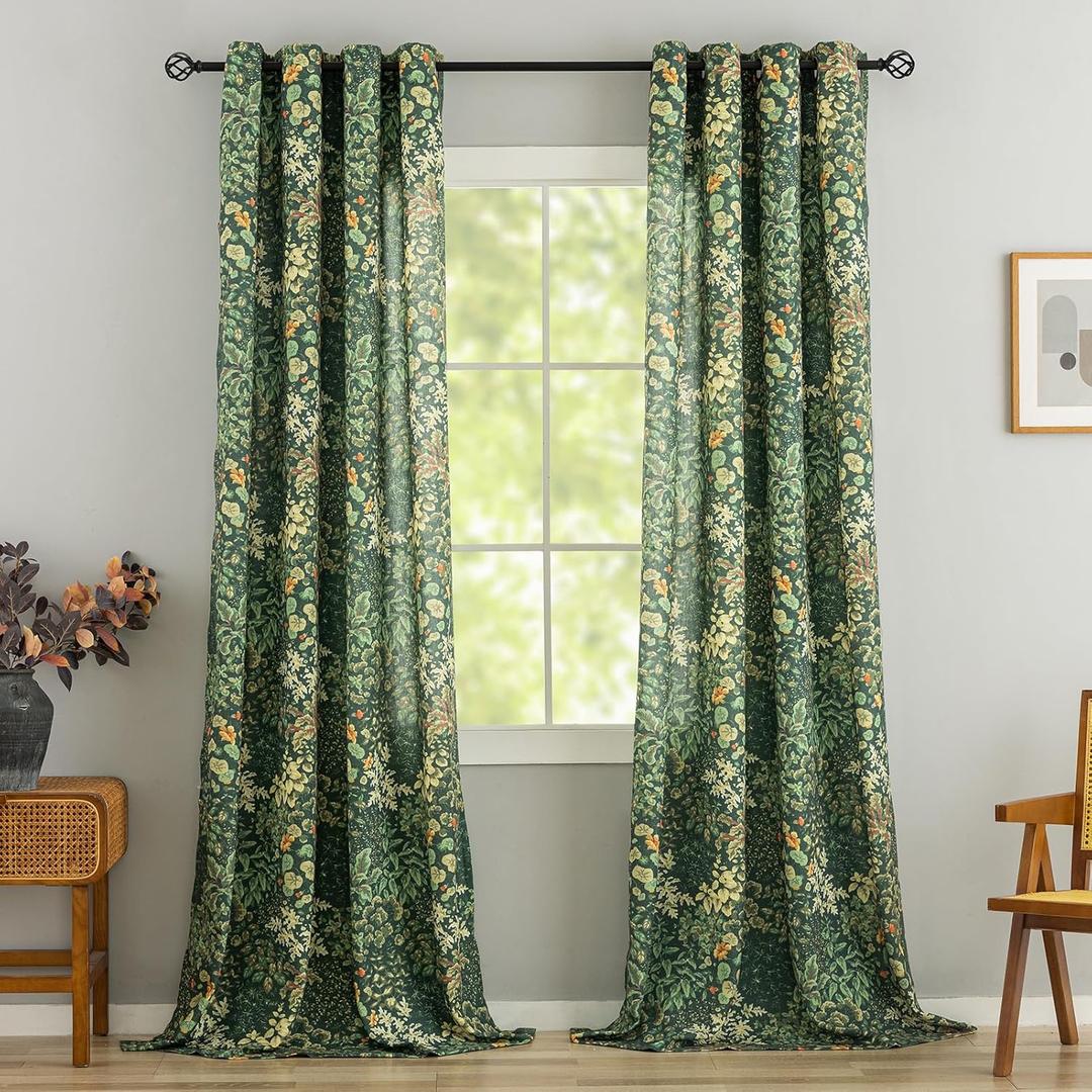 Green Pattern Curtains 95 Inch Length 2 Panels Vintage Boho Botanical Leaf Floral Curtains for Living Room, Grommet Semi-Sheer Privacy Linen Drapes French Country Cottagecore Curtain, 50 x 95 Inch (50"W x 95"L (Pack of 2))
