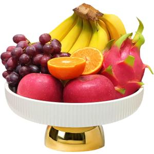 Ceramic Fruit Bowl,11-Inch Large Decorative Bowls,White Pedestal Tray and Gold Base, Fruit Bowl for Kitchen Counter, Bread and Fruit Trays,Salad or Dessert Display Trays for Parties. (XL)
