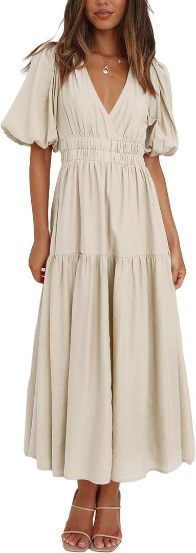 Woolicity Womens Summer Maxi Dress Wrap V Neck Short Sleeve Beach Flowy Long Dresses (Medium, Apricot)