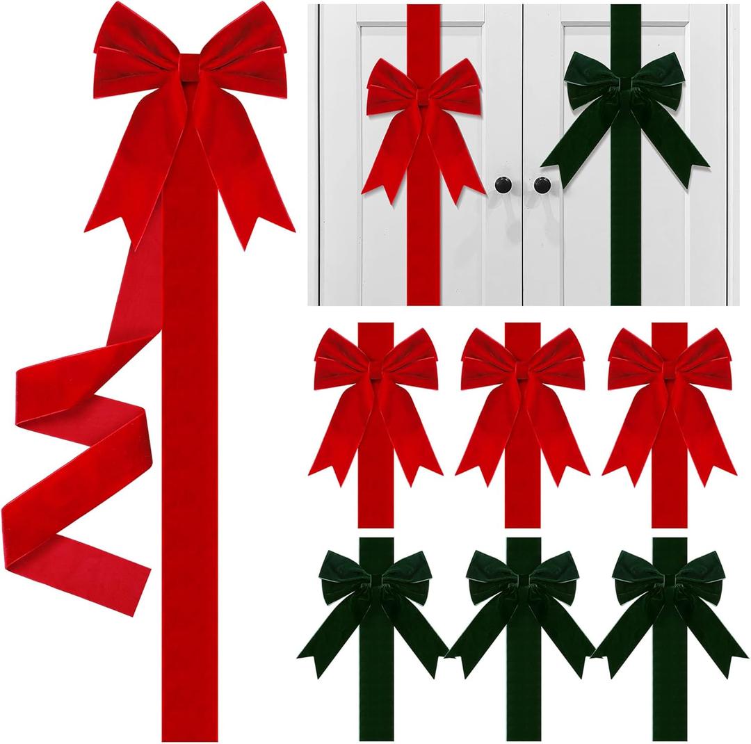 Aneco 6 Pack Christmas Door Ribbon and Bows, Large Christmas Velvet Cabinet Door Bows and Ribbons, Festive Velvet Bow with Hook-and-Loop Fastener for Cabinets Furniture Xmas Party Decor, Red and Green