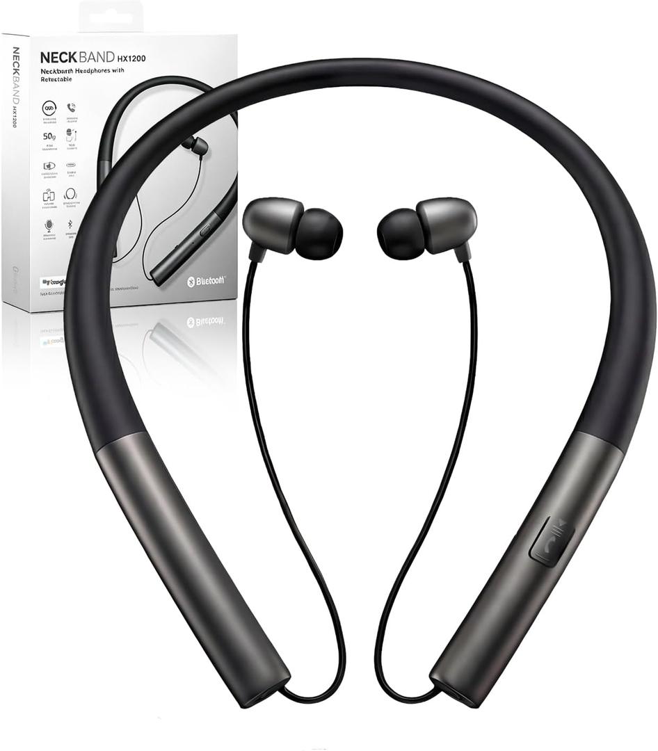 Bluetooth 5.3 Neckband Bluetooth Headphones, Retractable Headphones with IPX5 Sweatproof & Vibration Alert, Stereo Noise Cancelling for Music, Calls, Conference, Videos
