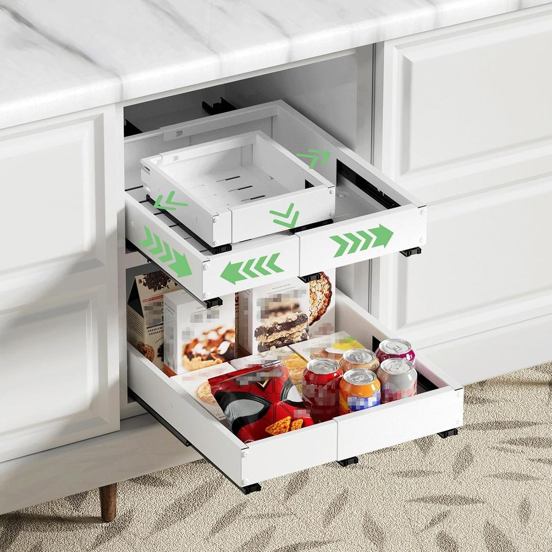 2 Pack Pull out Cabinet Organizer, Width (10"-15") Depth (11"-17"), with 3 Rails Adjustable Slide, Expandable Drawers for Cabinets, No Drill Adhesive Kitchen Drawers for Pantry Shelves white