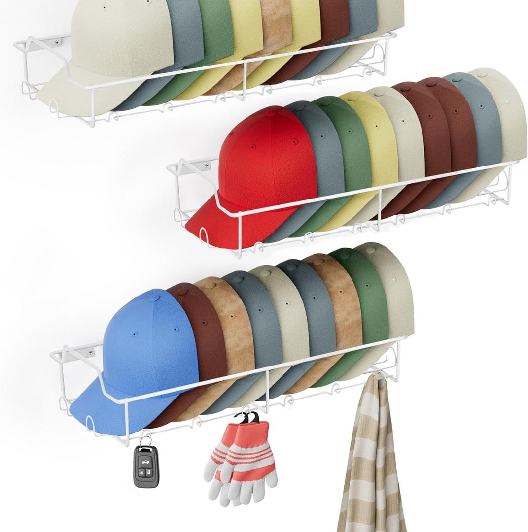 Hat Organizer Racks for Baseball Caps - Metal Hat Storage Holder Shelves for Wall Fit 20 Caps - 3 Pack, White Hat Organizer Racks for Baseball Caps - Metal Hat Storage Holder Shelves for Wall Fit 20 Caps - 3 Pack, White