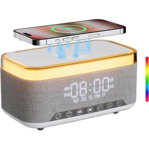 Bluetooth Speaker Alarm Clock with 10w Fast Wireless Charger for iPhone Samsung, 10W Stereo Bluetooth Speaker, 12-Color Night Light, White Noise Machine Digital Clock with FM Radio for Bedroom