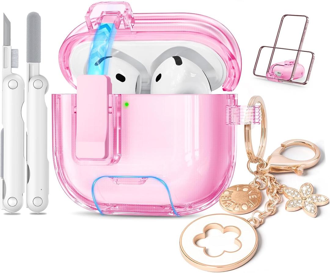 for Airpods 4 Case Clear,Cute Soft TPU Clear Case Cove for Apple Airpods 4th Generation Case (2024) with Cleaning Kit Lock & Bling Keychain, Phone Holder Function (Pink)
