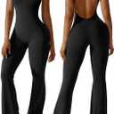 OEAK Womens Flare Jumpsuit Tummy Control Workout Romper Cutout Outfits Sleeveless Unitard Seamless One Piece Backless Bodycon Black M