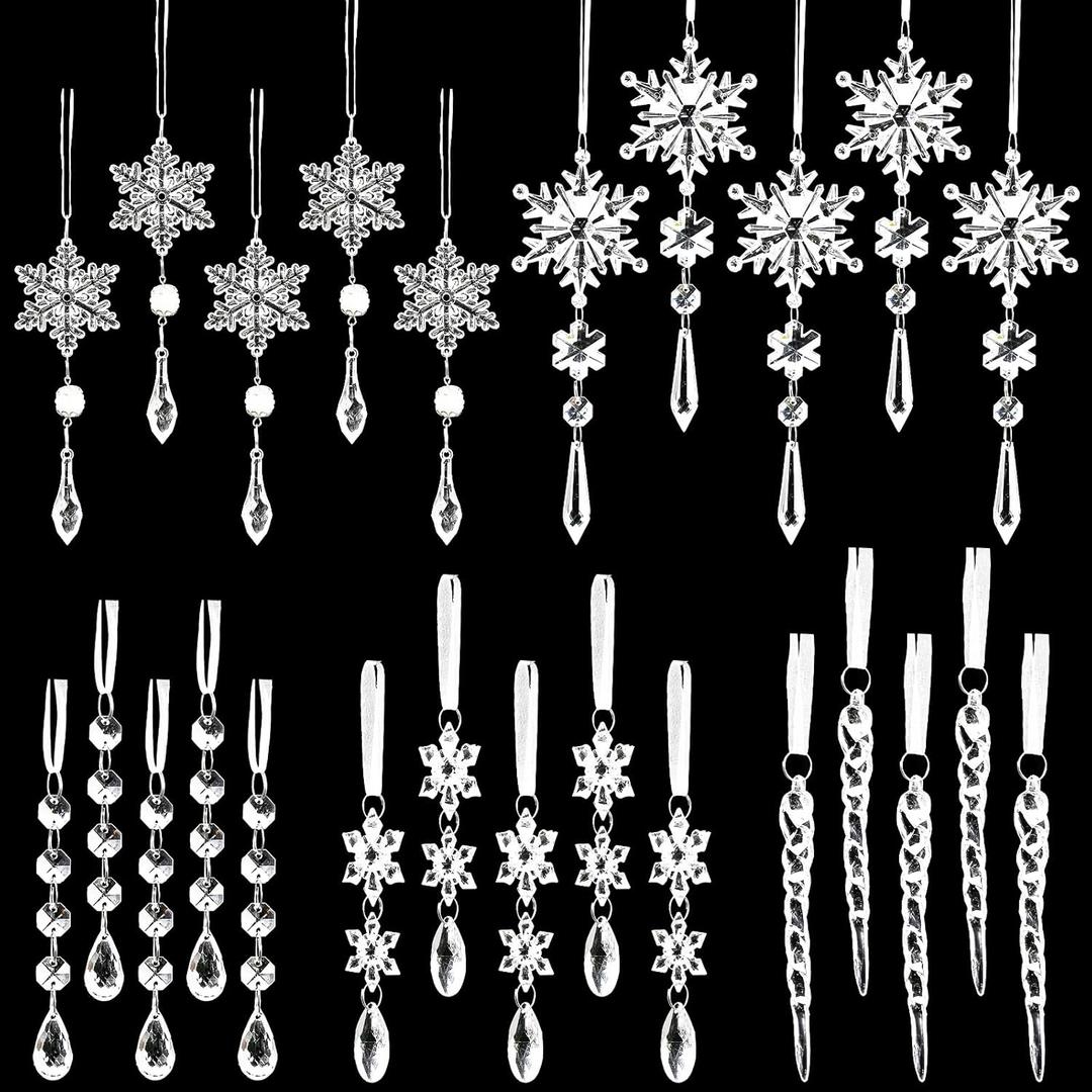 Christmas Tree Decorations Crystal Ornaments, 25 PCS Acrylic Icicle Decorations Hanging Crystal Snowflake Ornaments Set for Christmas Party Decorations (25pcs Christmas Crystal Ornaments)