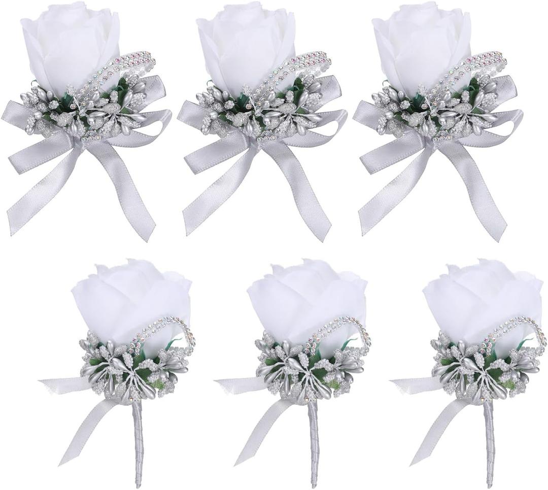 uxcell 3 Wrist Corsage and Boutonnieres Set Handmade Corsages for Wedding, White/Silver