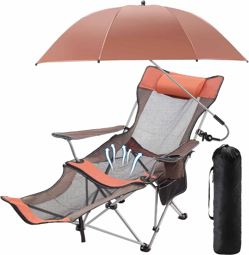 Yuntau Single Reclining Camping Chair with Removable Umbrella Folding Camp Chair for Outdoor(Orange)