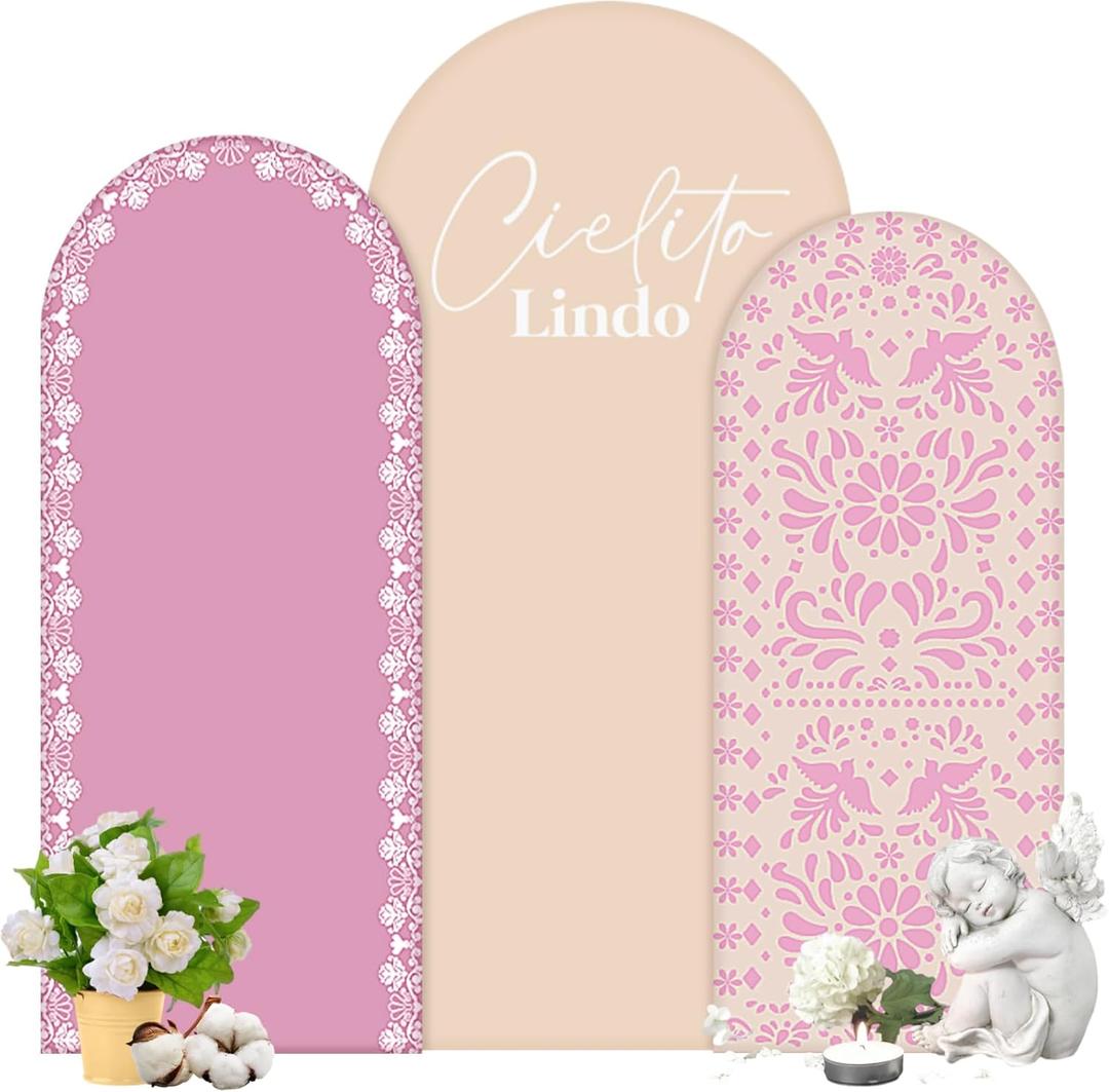 Chunful 3 Pcs Mexican Arch Backdrop Cover Baby Shower Photo Background Decor 2-Sided Round Top Lovely Backdrop Arch Cover for Mexican Wedding Birthday Party Decoration 6 ft/5 ft/4 ft (Brown-Pink)