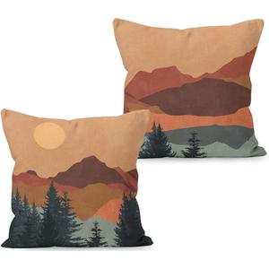 Boho Throw Pillow Covers - Mountain Nature Landscape Forest Linen 18 x 18 Set of 2 for Bed Home Room Sofa Decorations