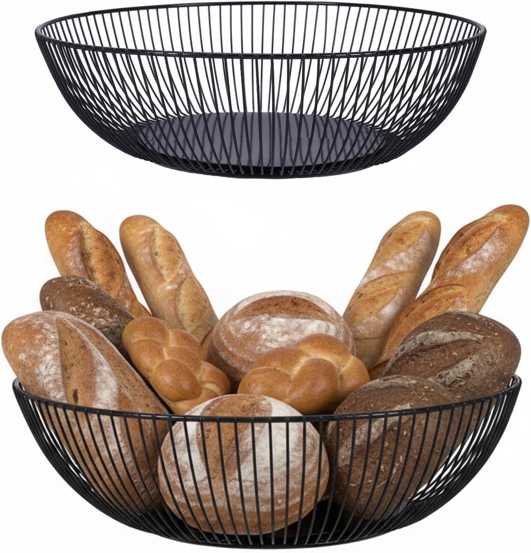 Bread Basket Set of 2 Rustic Round Metal Fruit Basket, Wire Round Storage Baskets for Serving Bread and Fruit, Farmhouse Decorative Baskets for Kitchen Counter and Dining Table