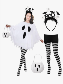 4 Pcs Ghost Costume Adult with Accessories,Ghost Costume Women Poncho/Bag/Headband/Tights Halloween Cosplay