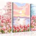 Pack of 3 Pink Tulip Floral Canvas Wall Art Seaside Scenery Wall Decor Pictures Trendy Preppy Room Decor Aesthetic Posters Prints for Living Room Bedroom Girls Dorm Decoration 12x16in