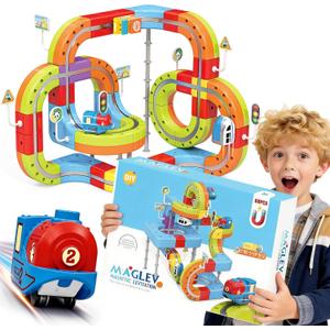68 PCS Anti-Jam Magnetic Tracks,Flexible Magnetic DIY Electric Train Track Set for Toddlers 3+, USB-Powered STEM Educational Toy Gift