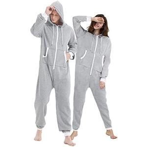 Kgromfy Adult Onesie Hooded Jumpsuit Family Couples Matching Pajamas Zipper Sleepwear One Piece Christmas Loungewear Light Grey Medium