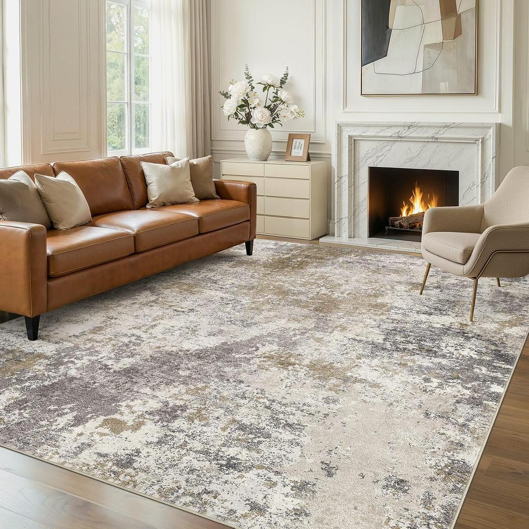 Nakagishi 8X10 Area Rugs for Living Room: Washable Modern Abstract Rug with Non-Slip Silicone Backing Low Pile Soft Carpet for Bedroom&Dining Decor Ideal for Families with Kids and Pets-Dark Brown