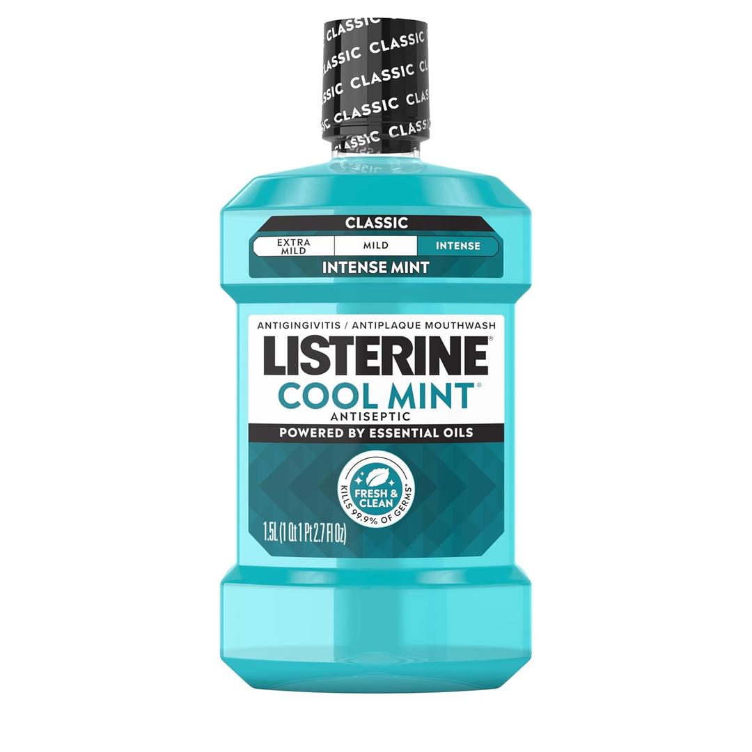 Listerine Cool Mint Intense Antiseptic Mouthwash, Daily Oral Rinse Kills 99.9% of Germs that Cause Bad Breath, Plaque and Gingivitis. For a Fresh, Clean Mouth, Intense Mint Flavor, 1.5 L