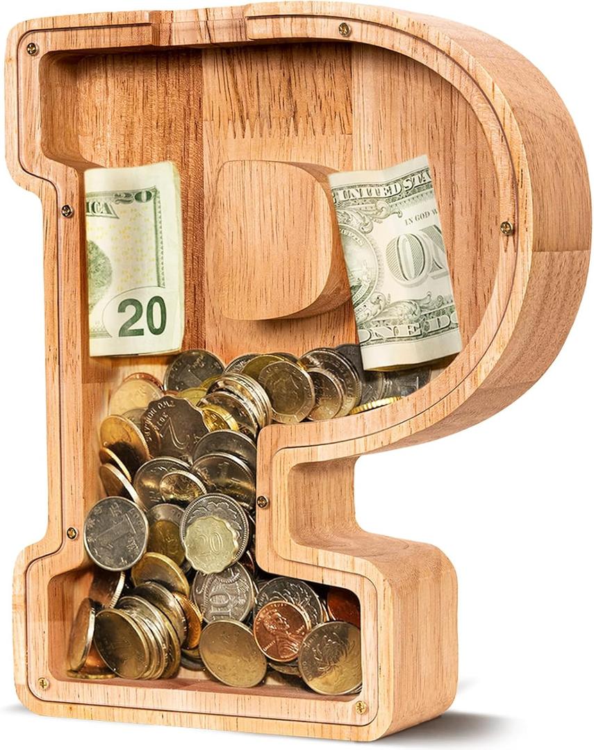 ELX Wooden Piggy Bank for Kids Boys, Personalized Letter Money Bank, Safe & Durable Savings Box for Toddlers Girls, Gifts for Birthday Holiday Christmas