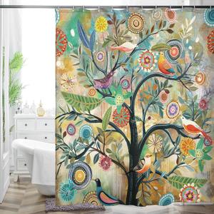 Bohemian Shower Curtain, Boho Floral Print Water Repellent Polyester Fabric for Bathroom Decor, 7272 Inch Standard Size with 12 Hooks, Also as Room Divider (Dark Green)