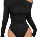 GORGLITTER Women's Long Sleeve One Shoulder Top Bodysuit Asymmetrical Neck Casual Slim Fit Tshirt Leotard Tops S