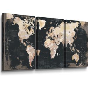 Office Wall Art for Living Room Bedroom Wall Decor Framed World Maps Black White Brown Pictures for Wall Decorations Vintage Decor (Overall 48''W x 24''H)