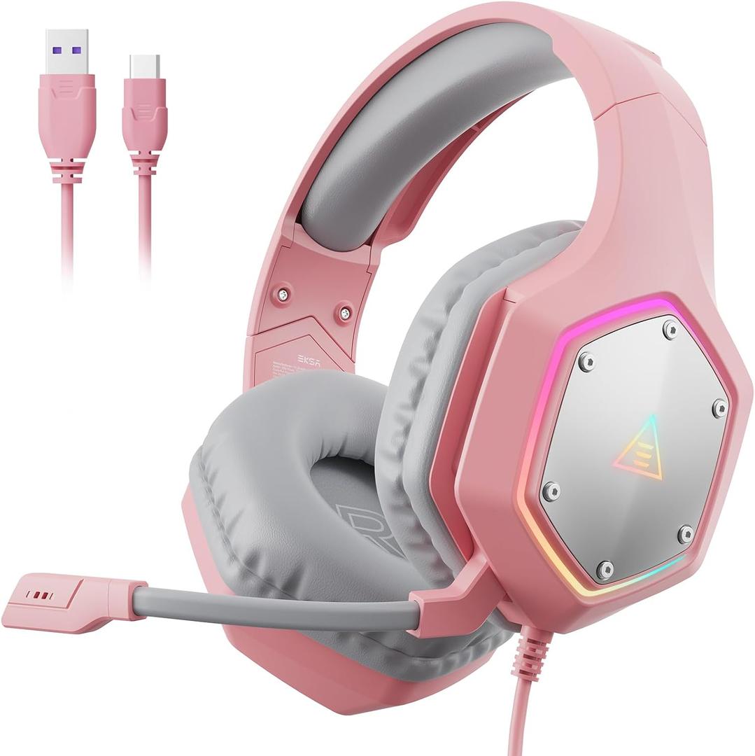 EKSA E1000 V2 Gaming Headset, PC Headset with USB C Plug, Wired Headphones with Noise Canceling Microphone, 7.1 Surround Sound, RGB Light, include USB Adapter for Computer,Mac, PS4/PS5 Console, Laptop (Pink)