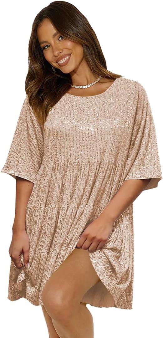 Plustrong Womens Sparkly Glitter Dress Summer Sequin Babydoll Dress Short Flowy Tunic Dresses Party Club (X-Large, Gold)
