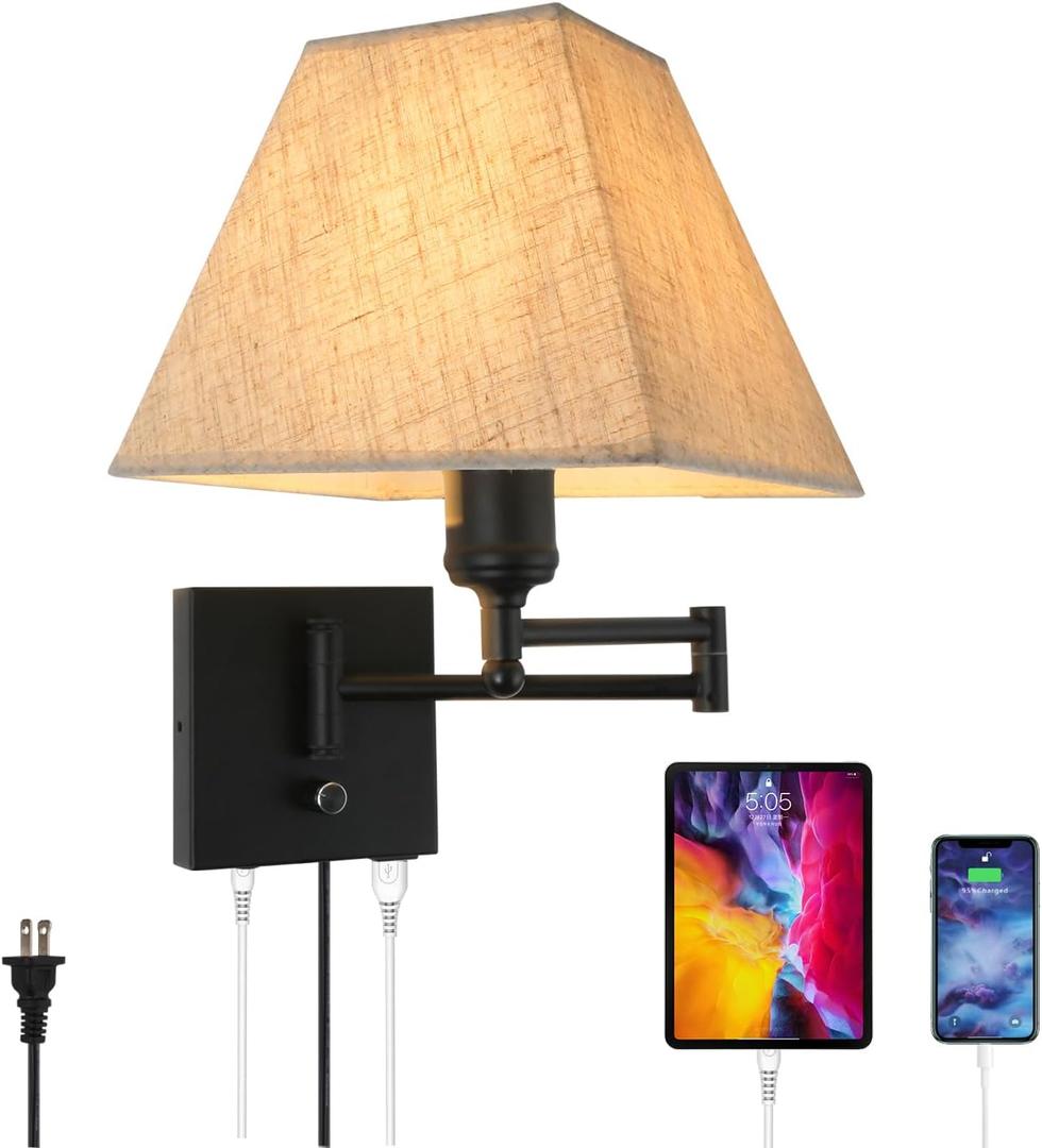 13" Modern Swing Arm Wall Lamp Plug in Wall Sconce with USB and Type-C Port Wall Mounted Lamp with Dimmable Switch Black Wall Sconce Beige Fabric Shade Suitable for Hallway Bedroom Living Room