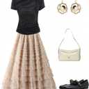 MAKEMECHIC Women's Mesh Maxi Skirt Tulle Ruffle Layered High Waist Flowy Fairy Skirts (Beige)