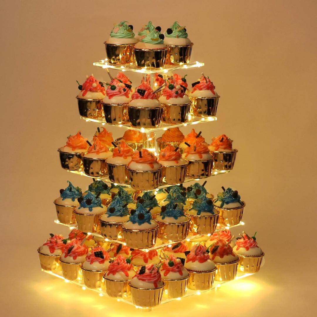 YestBuy Cupcake Stand - Premium Cupcake Holder - Acrylic Cupcake Tower Display - Cady Bar Party Dcor - 5 Tier Acrylic Display for Pastry + LED Light String - Ideal for Weddings, Birthday Parties (Yellow)