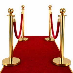4 Pack Gold Stanchions and Velvet Ropes Set, Stainless Steel Crowd Control Barriers,High Quality red Carpet Ropes and Poles Grand Opening Party Supplies,Prom,Birthday,Business,Wedding, Museums