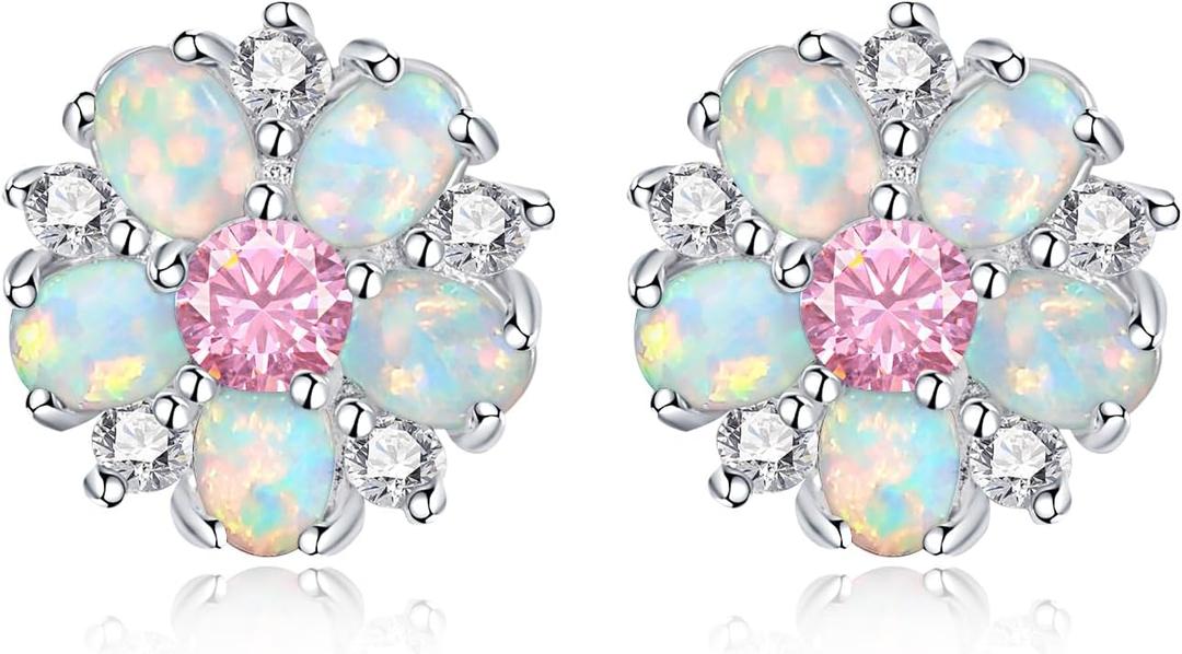 CiNily Flower Earrings,Opal Stud Earrings Sterling Silver or White Gold/Rose Gold Plated Ladies Flower Stud Earrings Cute Unique Earrings for Girls (Pink 2)