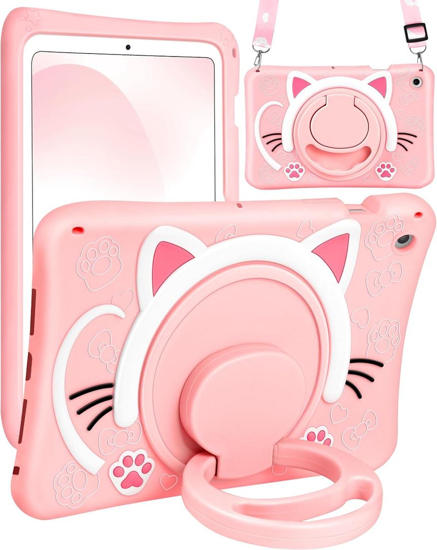 for Samsung Galaxy Tab A8 10.5 Case Girls Cute Cat Kawaii Cover Girly 3D Cartoon Women Kitten with Rotating Handle Stand & Strap Soft Silicone Funda for Samsung A8 Tablet Cases