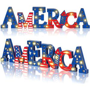 Geetery America LED Wooden Sign Patriotic Wooden Words Sign Red White Blue Tabletop Centerpiece Decor 16.5” x 4" Star Decorations for Independence Day Memorial Day 4th of July Home Indoor Party