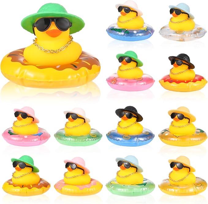 12 Set Mini Rubber Ducks Dashboard with Mini Swim Ring Sun Hat Necklace and Sunglasses, Yellow Duck Bath Ornaments for Car Decor Accessories
