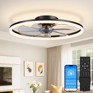 VOLISUN Low Profile Ceiling Fans with Light and Remote, No Assembly, 24in Fandelier Ceiling Fan with Lights, 3000K-6500K Dimmable Flush Mount LED Fan Light, Black Bladeless Ceiling Fans for Bedroom