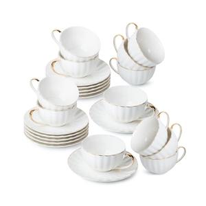 BTaT- Cappuccino Cups with Saucers 7 oz, Set of 12, White Porcelain Coffee Cup and Saucer Set for Latte with Golden Trim Design, Dishwasher Safe, Mocha, Tea, Au Lait, Flat White, Mothers Day Gift
