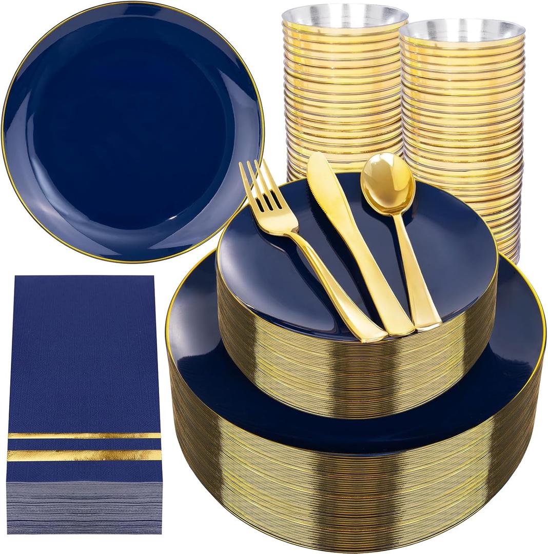 NOCCUR 350PCS Navy Blue Plastic Plates - Blue Disposable Dinnerware Set for 50 Guests, 100 Dinner/Dessert Plates, 150 Gold Silverware, 50 Cups&50 Napkins for Party/Wedding/Graduation/Memorial Day