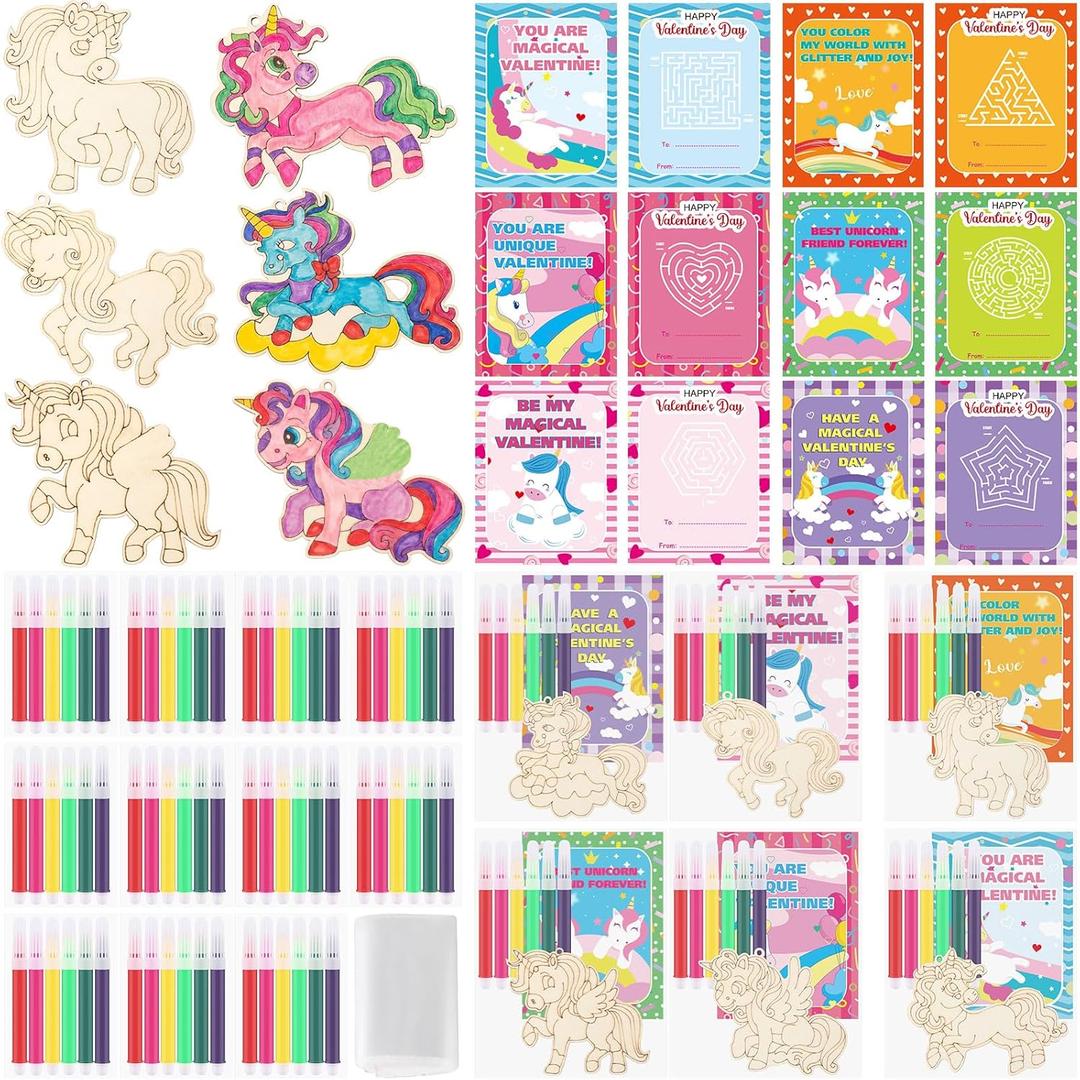 Leinuosen 24 Sets Unicorn Valentines Day Gifts Cards Wooden Painting Crafts Kit Unicorn Party Favors DIY Unfinished Wooden Crafts Exchange Gifts Cellophane Bags Markers