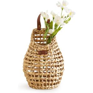 Wall Hanging Pocket Basket Open Weave Water Hyacinth Storage Belly Basket Decorative Boho Mounted Organizer for Flower Plants