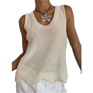 MakeMeChic Women's Sequin Vest Tank Top Sleeveless Crew Neck Summer Y2K Knit Tops Apricot Medium