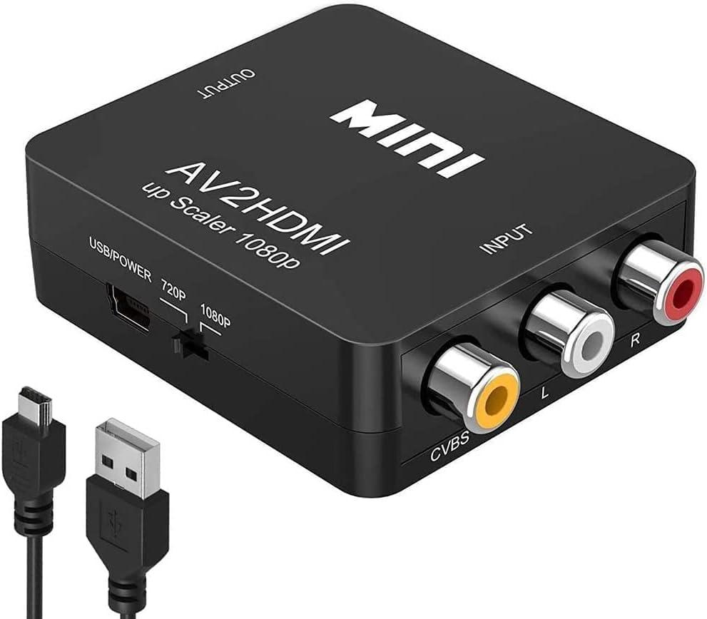 RCA to HDMI Converter, 1080P RCA Composite CVBS AV to HDMI Video Audio Converter Adapter Compatible with N64 Wii PS2 Xbox VHS VCR Camera DVD, Support PAL/NTSC with USB Power Cable