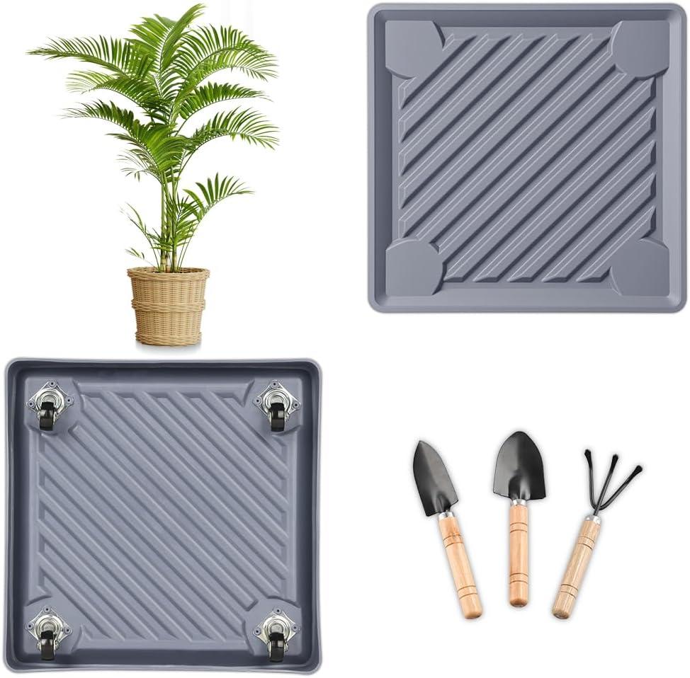 Square Plant Caddy with Hidden Wheels 12 Inch Heavy Duty Rolling Plant Stands Indoor Outdoor Plant Saucer Tray Dolly with $9.9 Garden Tools (Gray)