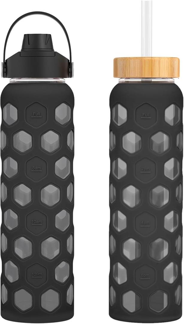 32 oz Glass Water Bottles with 2 Lids - Handle Spout Lid & Bamboo Straw Lid, Motivational Water Tumbler with Time Marker Reminder and Silicone Sleeve, Dishwasher Safe (Carbon Gray-1 Pack)