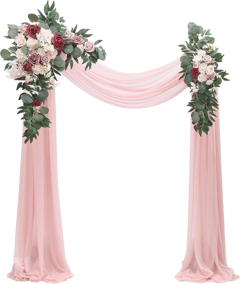 Floroom Arch Flowers with Drapes Kit (Pack of 4) - 2pcs Artificial Dusty Rose & Burgundy Floral Swag Arrangement with 2pcs Draping Fabric for Wedding Ceremony Arbor and Reception Backdrop Decoration