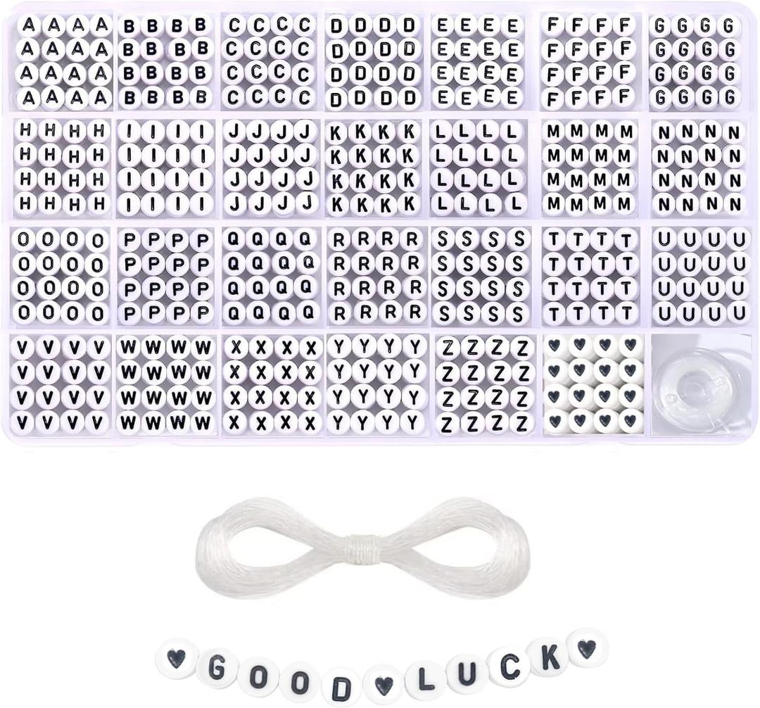1400 Pieces 4x7mm White Round Acrylic Alphabet Letter Beads A-Z Heart Pattern Beads and Crystal Line for Jewelry Making Bracelets Necklaces Key Chains