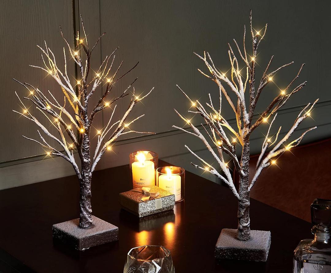 Hairui Pre Lit Tabletop Snow Dusted Tree with Timer 24LED 18IN Battery Operated for Christmas Valentine Party Decoration 2 Set