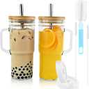 Glass Cups with Bamboo Lids and Straws,24oz Tumbler With Handle,2 Pack Mason Jar with Lid and Straw-Wide Mouth Reusable Drinking Glasses,Boba Cup Smoothie Tumbler Iced Coffee Cup Travel Mug (2-Pack Car cup)