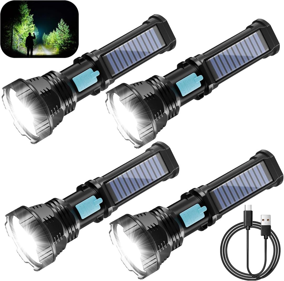 Rumiom Solar/Rechargeable LED Flashlights, Multi Function Flashlight with 2000 mAh Battery, Emergency Strobe Light, Waterproof, Fast USB Charging, Survival Gear and Supplies for Camping, 4 Pack